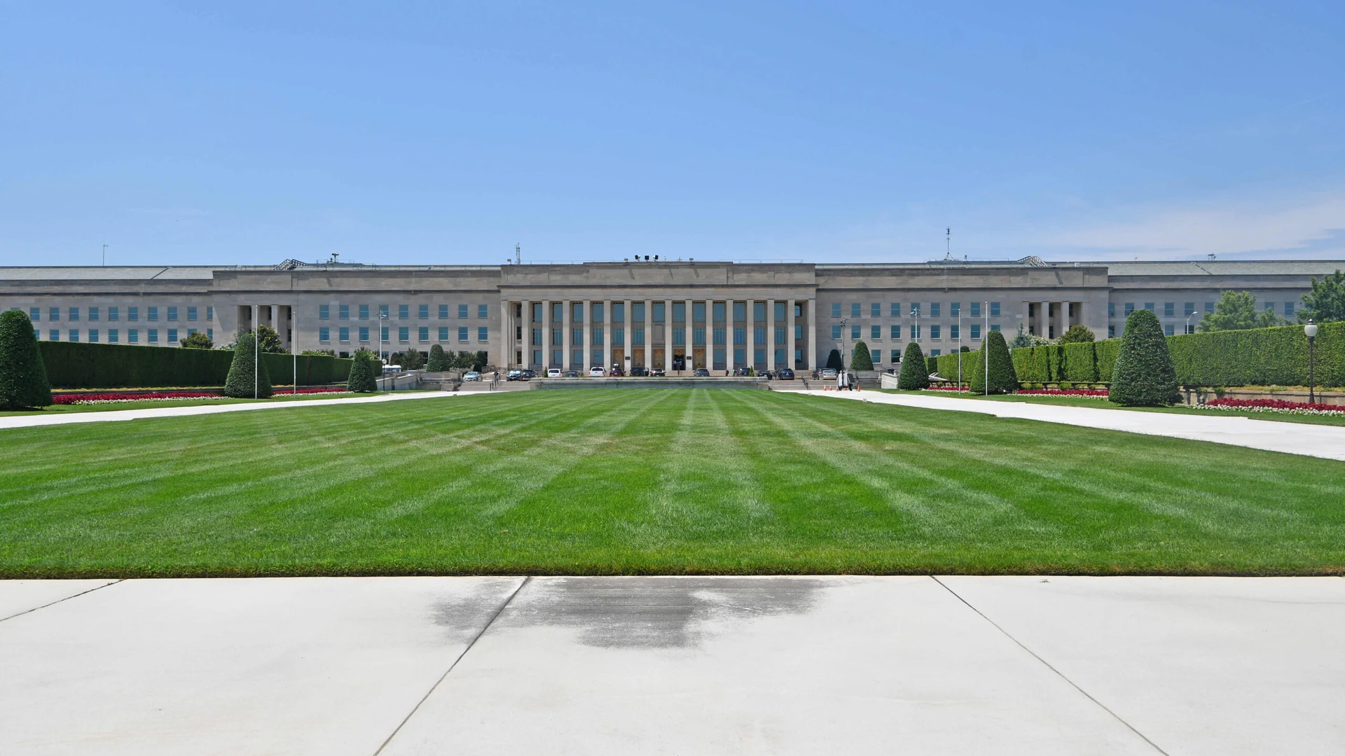River Entrance of the Pentagon viewed across its landscaped lawn in Arlington, Virginia