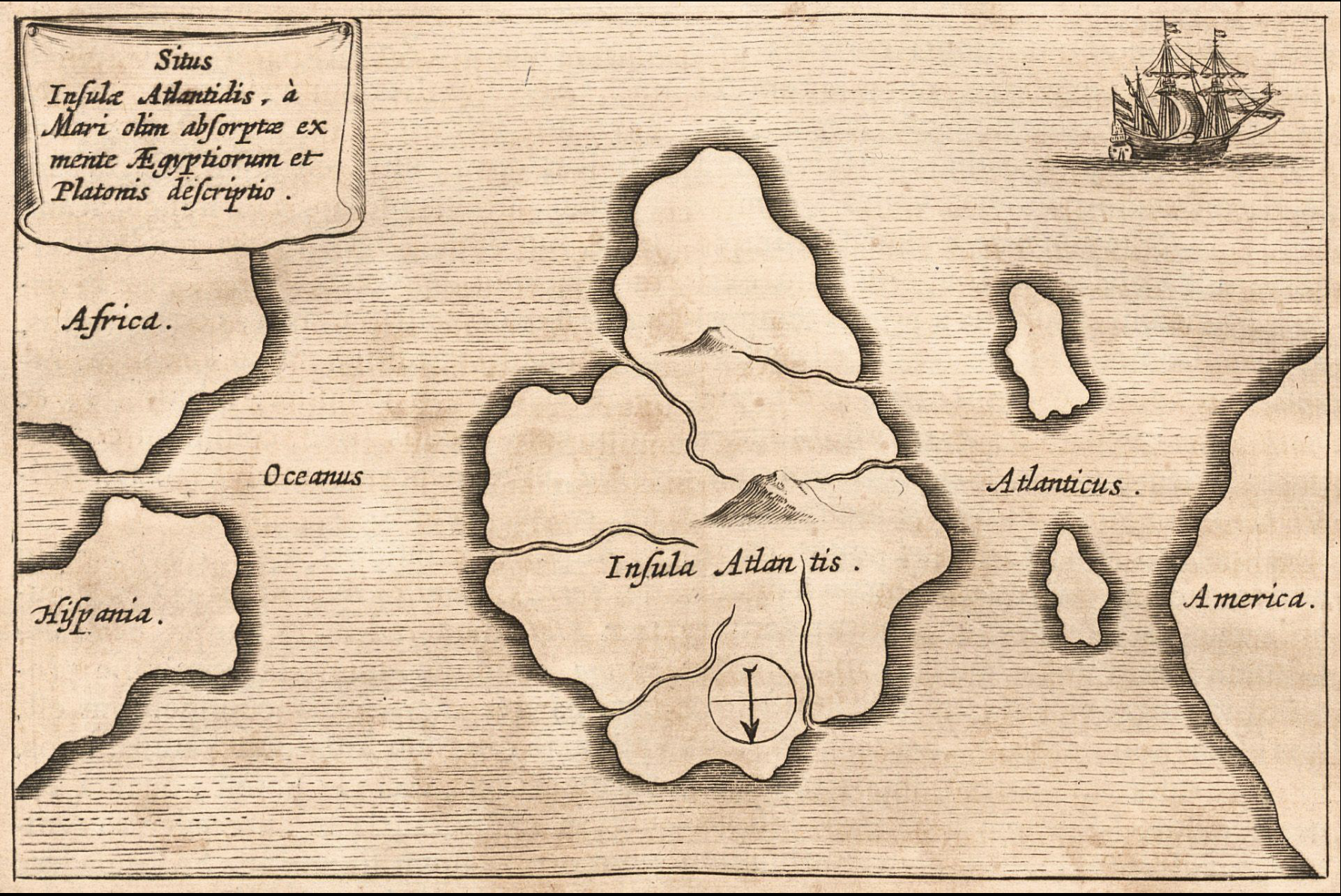 Athanasius Kircher's 1665 map of Atlantis — Situs Insulæ Atlantidis, from Mundus Subterraneus