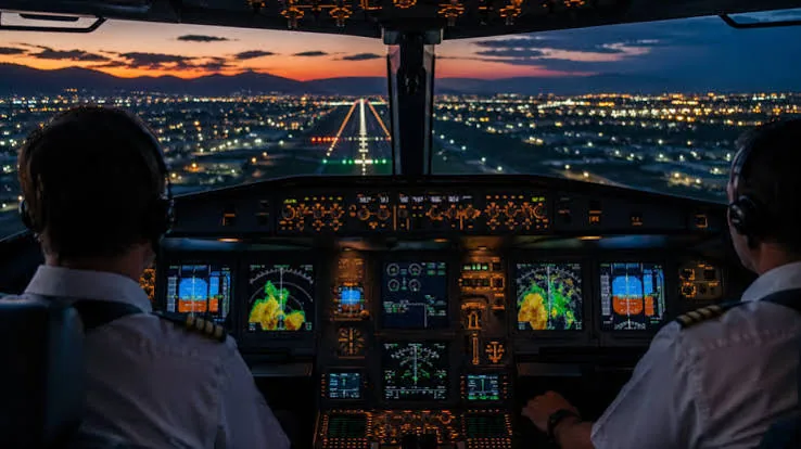 The cockpit crew of a Boeing 737 operating the controls on a commercial flight