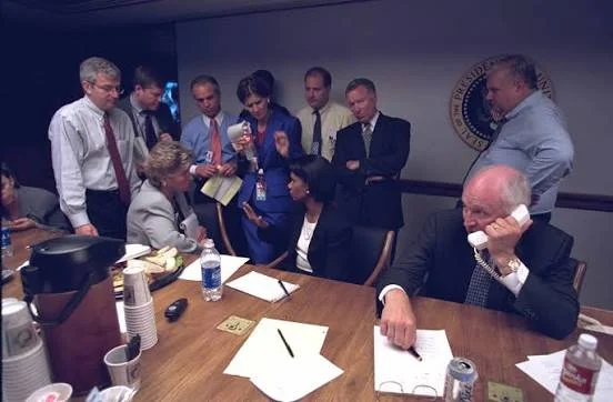 Dick Cheney in the White House Situation Room during his tenure as Vice President, 2001–2009