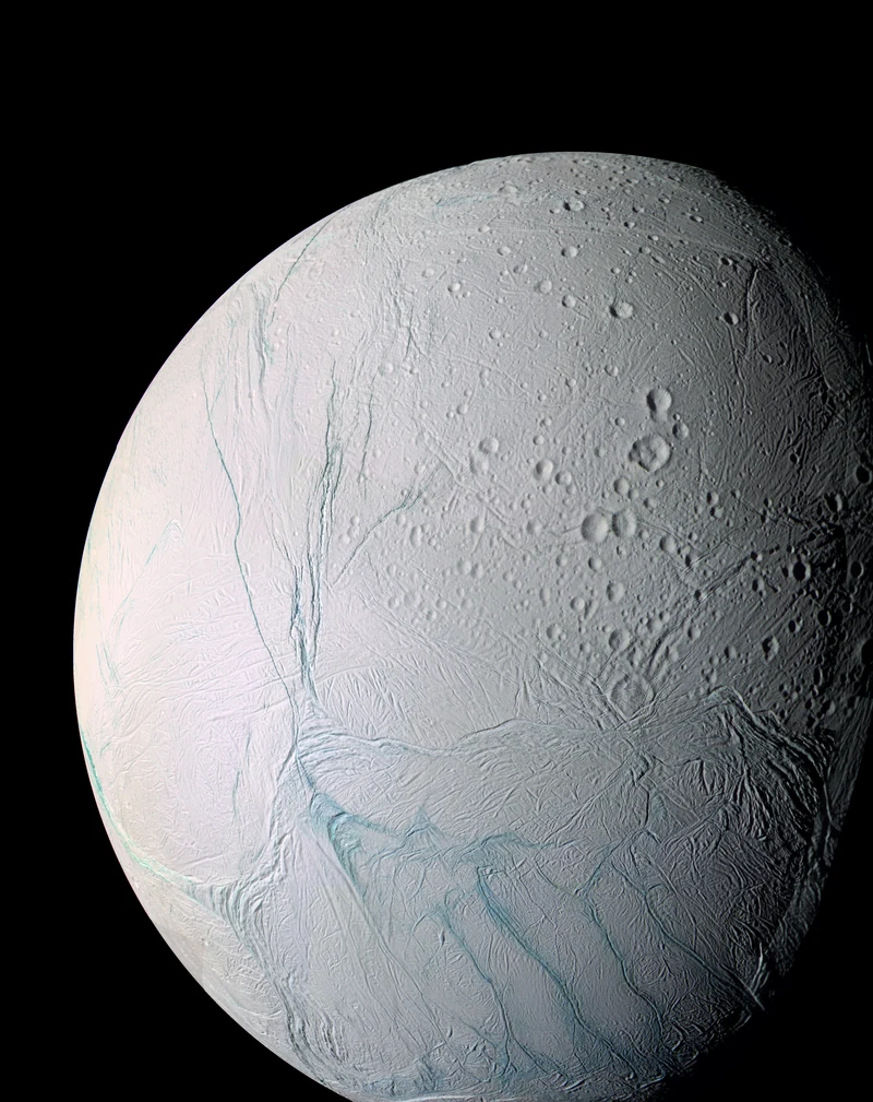Cassini mosaic showing fractured and geologically altered terrain across the icy surface of Enceladus