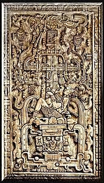 The carved stone sarcophagus lid of Pakal the Great at Palenque, Mexico