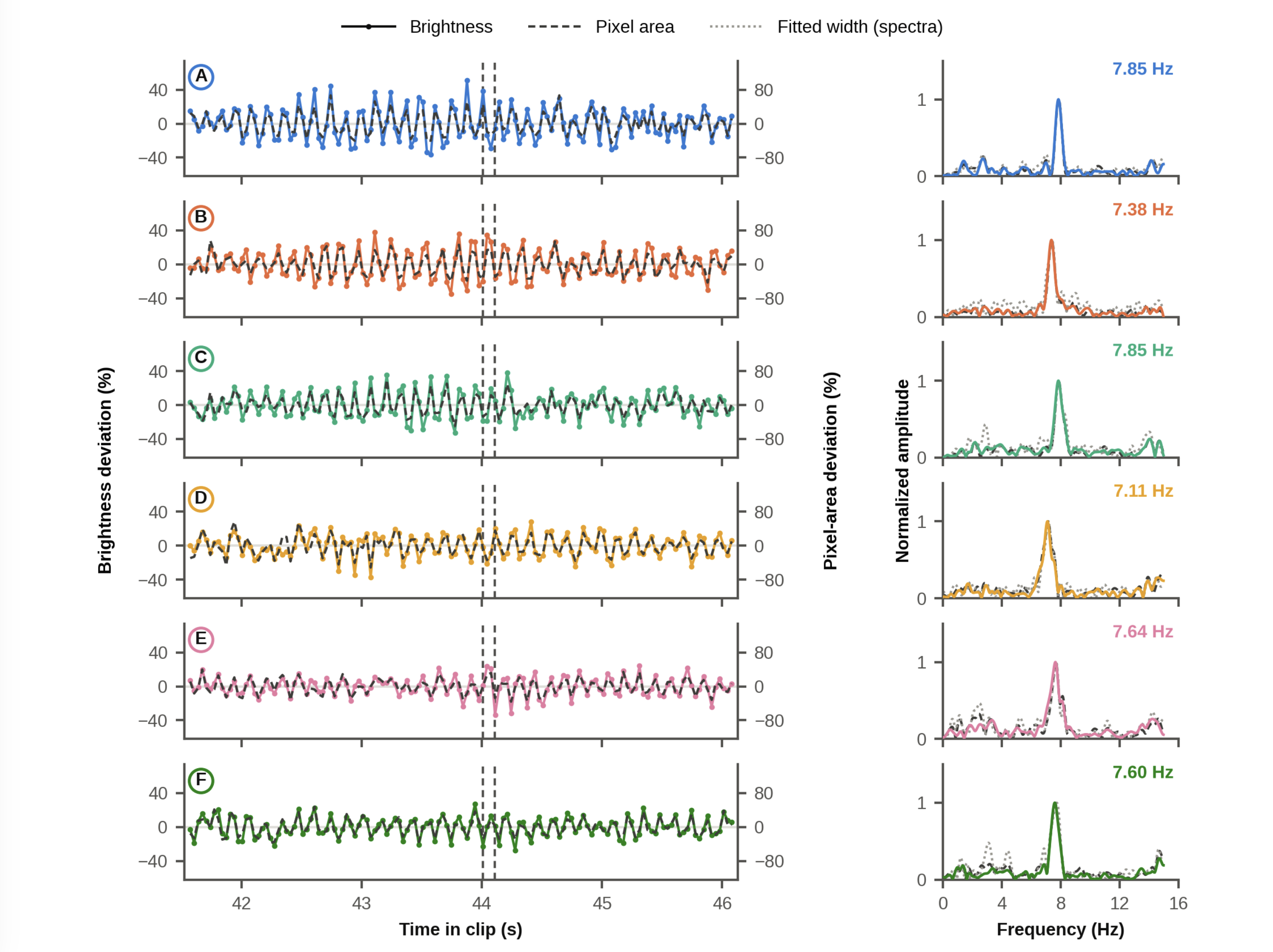 Brightness-over-time plot for the six PR135 objects showing periodic oscillations at 7.1–7.9 Hz