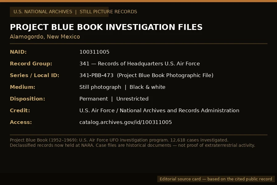 Editorial source card identifying the National Archives Project Blue Book record, NAID 100311005