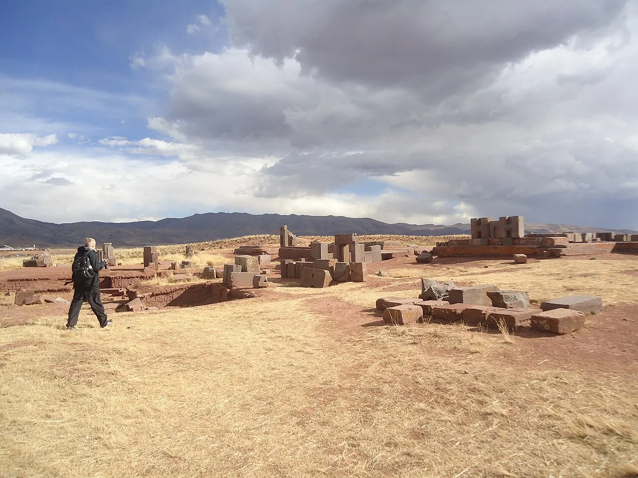 Puma Punku site on the Bolivian Altiplano — scattered sandstone and andesite blocks