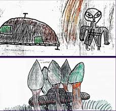 Children's drawings of the Ariel School UFO encounter — dome-shaped craft and alien figure, Ruwa Zimbabwe 1994