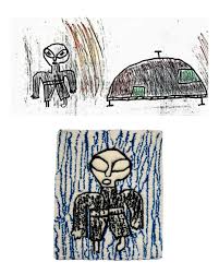 More children's drawings from the Ariel School incident — alien figures with large black eyes, Ruwa Zimbabwe 1994
