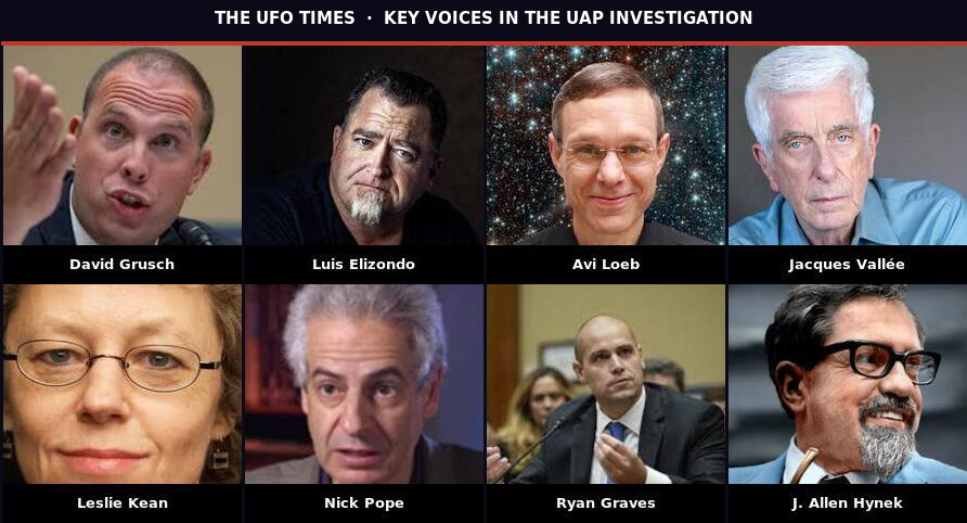 Key voices in UAP investigation — David Grusch, Luis Elizondo, Avi Loeb, Jacques Vallée, Leslie Kean, Nick Pope, Ryan Graves, J. Allen Hynek