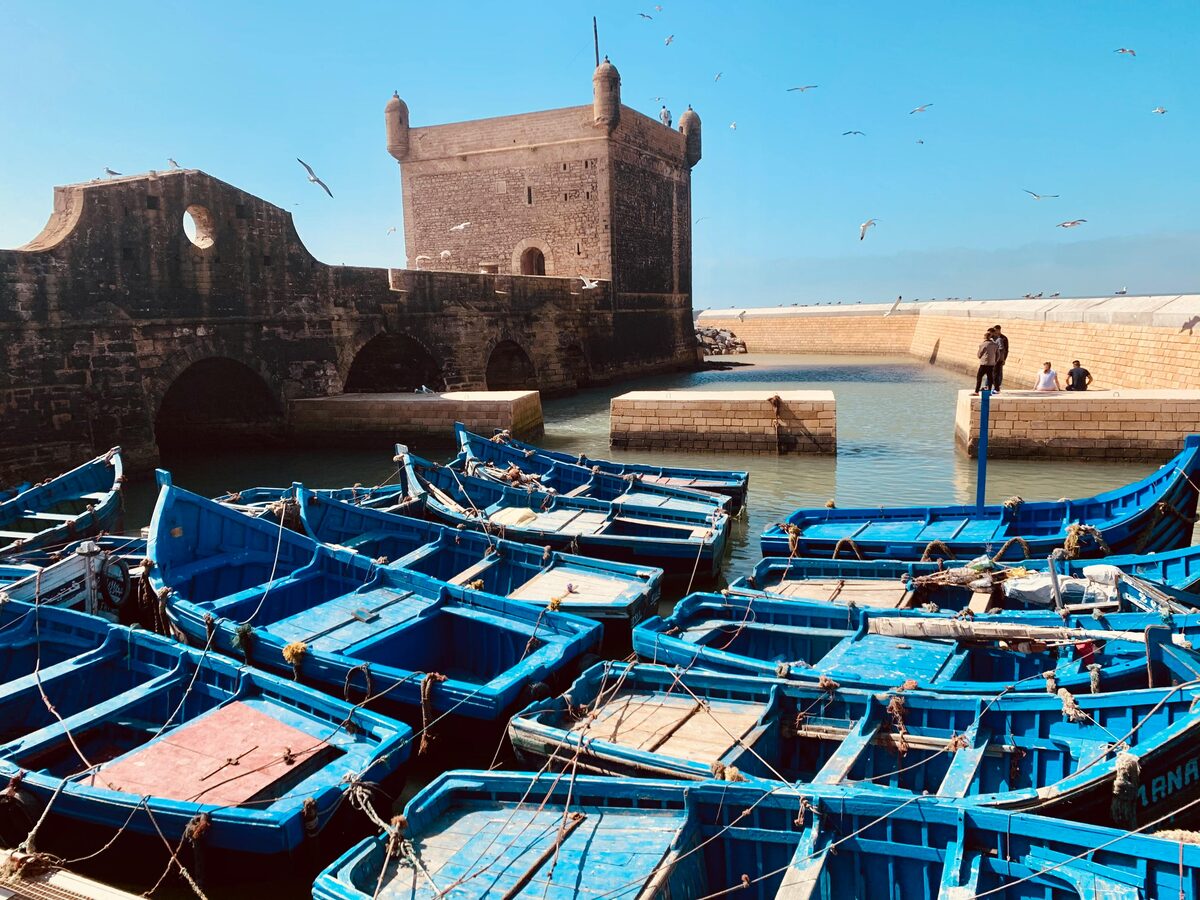 Essaouira fishing port and blue boats — Morocco Atlantic coast