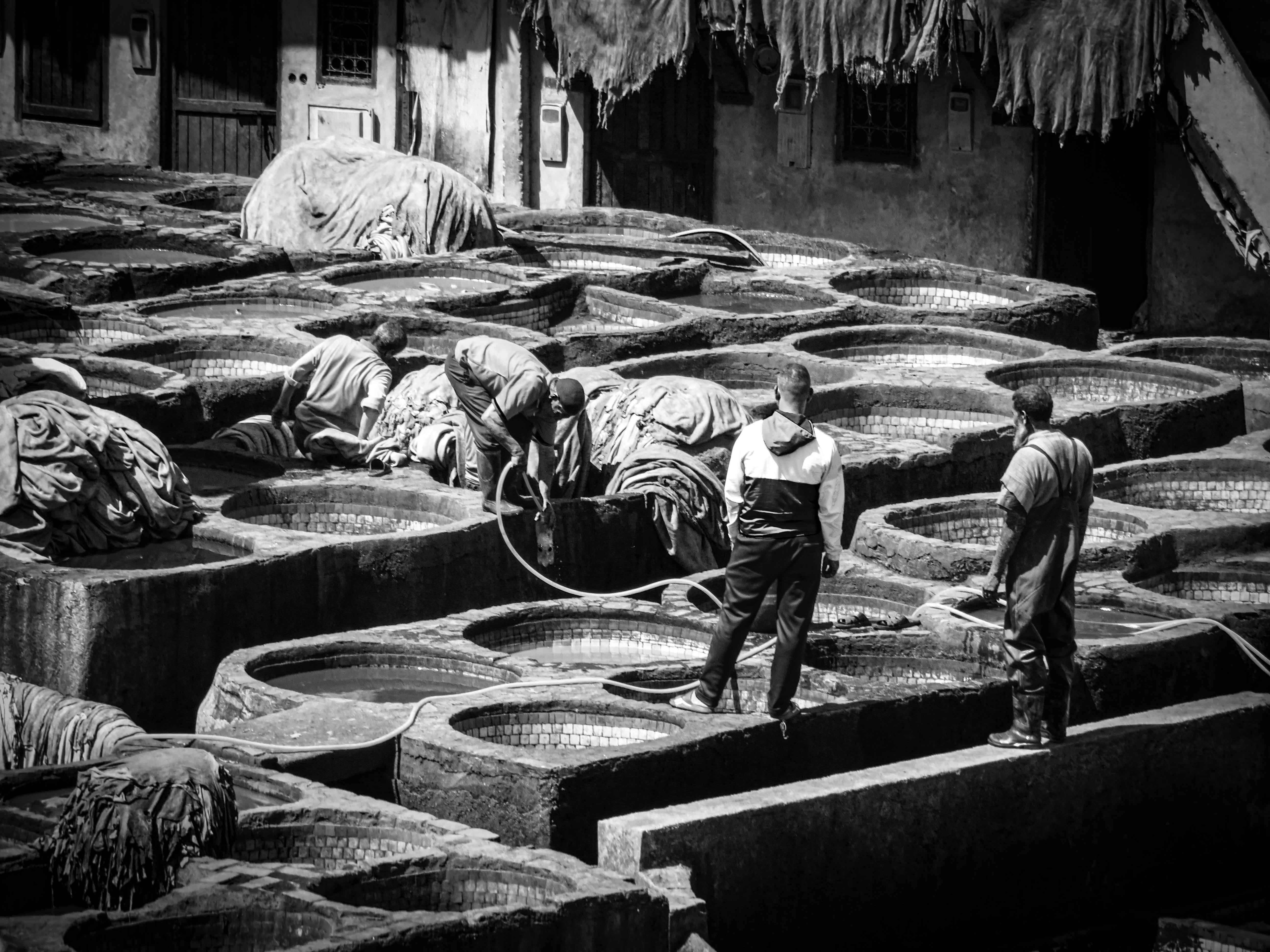Workers at the Chouara tannery dyeing pits in Fes